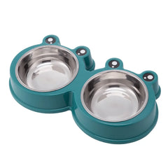 Double Dining Frog Shaped Pet Feedrer With Stainless Steel Bowl & Non Slip Rubber Bottom,Green- 27.8*15.5*4Cm