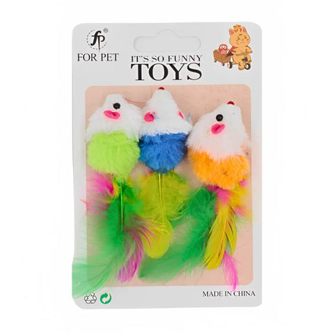 For Pet Soft False Wool Mouse Cat Toy With Colorful Feather 3 Pcs - 5 Cm (Mixed Color)